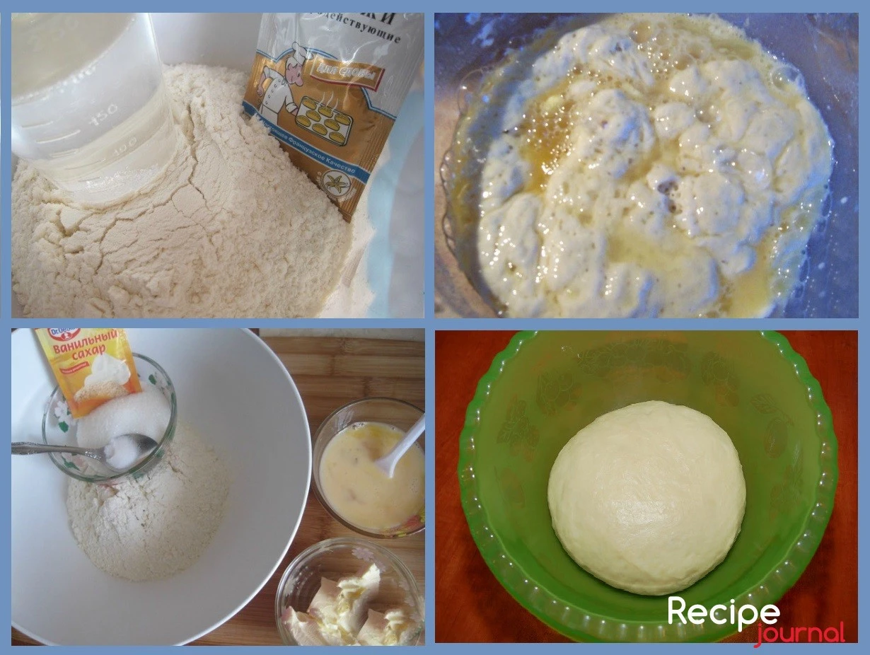Сначала делаем опару, муку смешиваем с дрожжами и постепенно, добавляя теплую воду, замешиваем жидкое тесто. Ставим опару в теплое место и накрываем теплой салфеткой, когда опара поднявшись, начнет опускаться, заводим тесто. Для теста яйца взбалтываем с солью и сахаром, ванильным сахаром и добавляем к опаре.  Затем постепенно, добавляя муку, замешиваем гладкое тесто. Теперь, небольшими порциями, вмешиваем размягченное сливочное масло. Месим тесто до гладкости, поочередно растягивая, складывая и снова повторяя эти движения, пока тесто не станет гладким и эластичным.