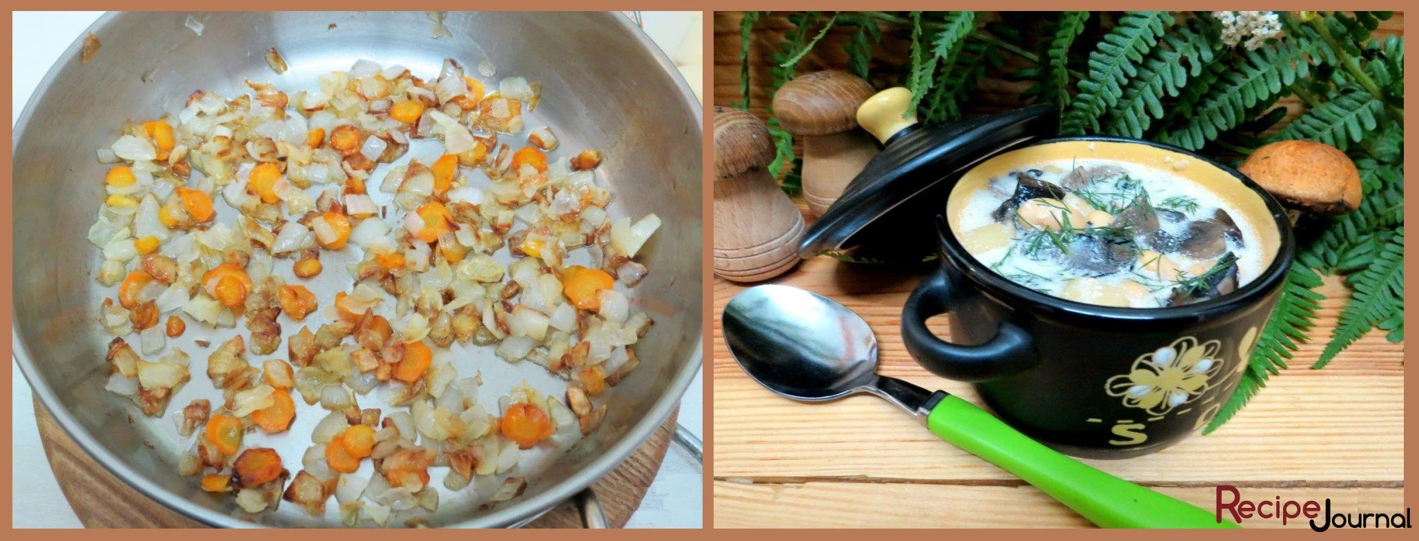 Пока варится суп, делаем зажарку. Лук и морковь обжариваем в растительном масле, пока лук не станет прозрачным. Заправляем суп зажаркой, солим, перчим и добавляем  измельченный чеснок. Мелко нарезанную зелень и сметану добавляем в тарелки. Зимний суп с грибами и фасолью готов!