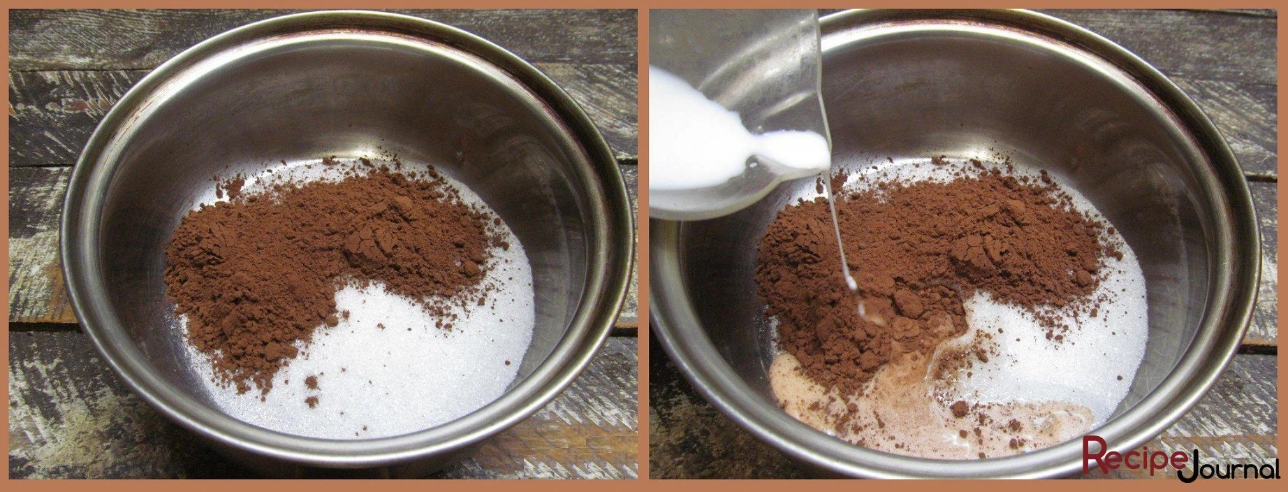 В кастрюльке смешиваем сахар и какао порошок, добавляем молоко.