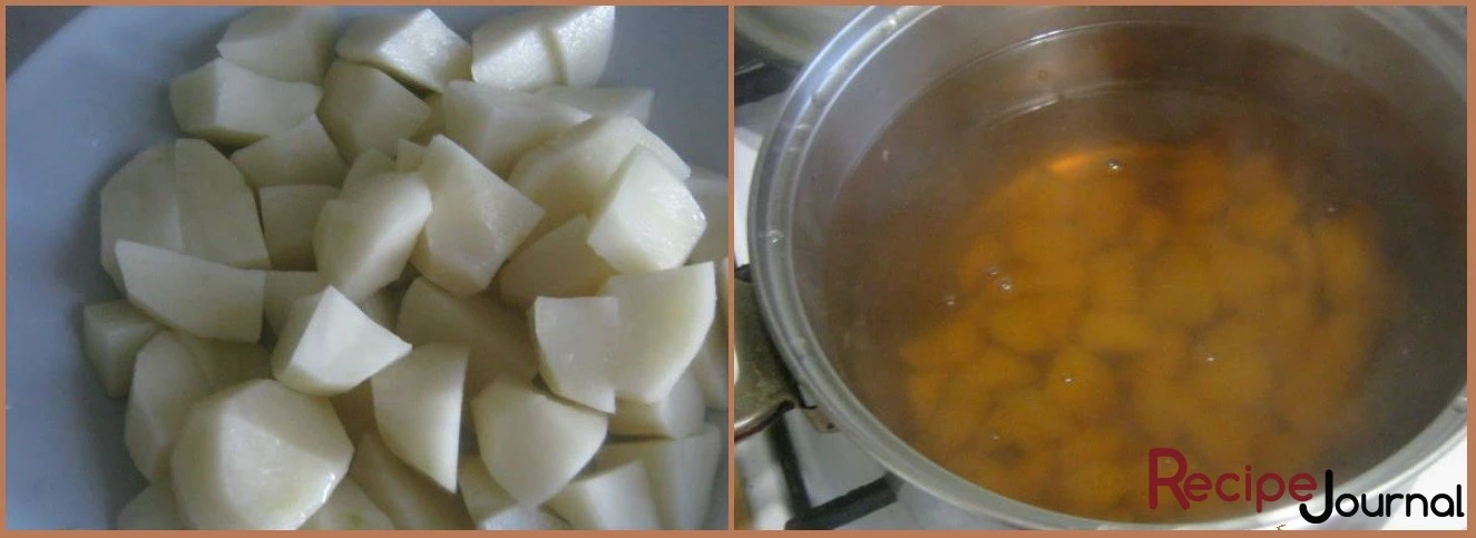 Приступаем к приготовлению постного  гречневого супа - чистим и моем картофель, нарезаем кубиком или соломкой, как вам больше нравится. Складываем в кастрюлю и заливаем необходимым количеством воды. Ставим на огонь.