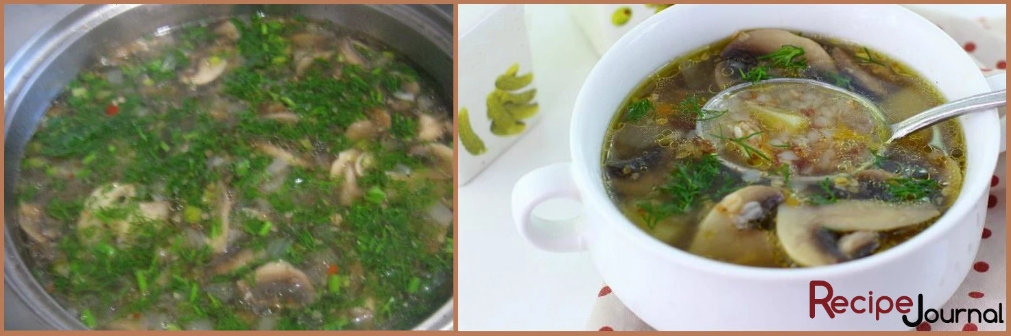 Добавляем зелень в суп и выключаем огонь. Постный гречневый суп с грибами готов!