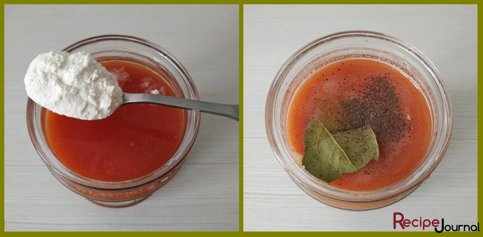 К томатной пасте добавляем муку и хорошо перетираем, затем наливаем воду и хорошо перемешиваем, чтобы не было комочков. Солим, перчим по вкусу, добавляем лавровый лист.