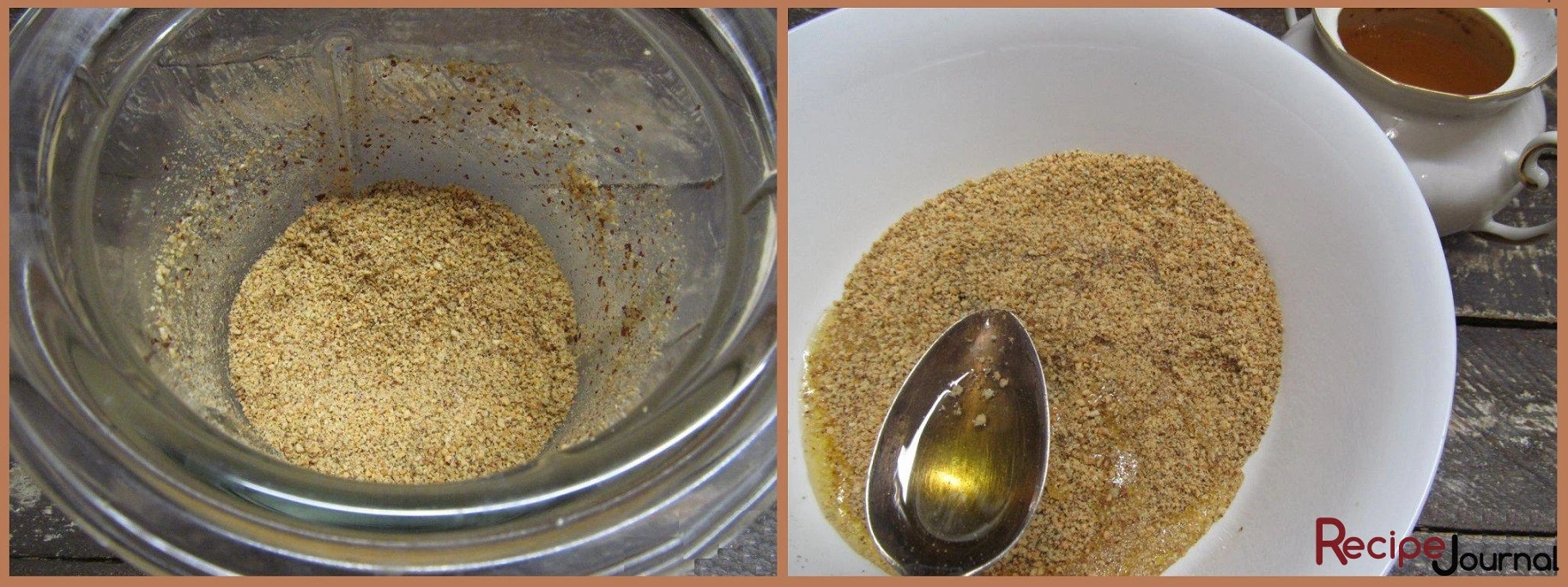 Подсушенный арахис измельчаем в блендере и смешиваем с измельченными поджаренными семечками. Добавляем мед и снова хорошо перемешиваем.