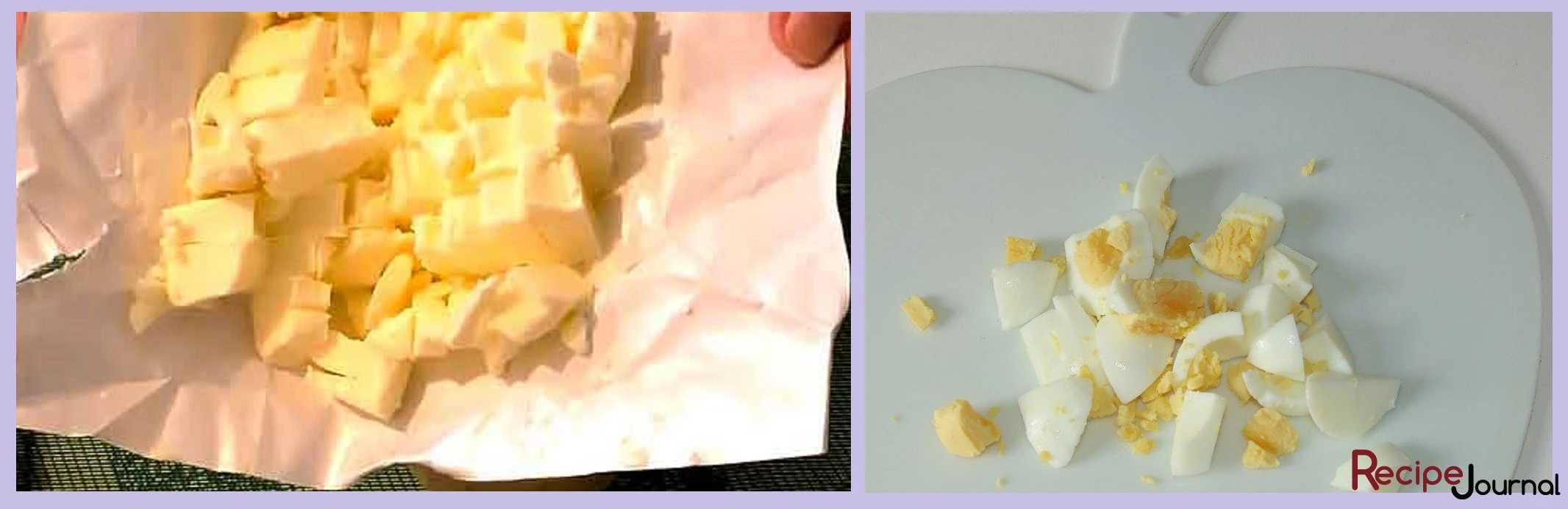 Масло надо достать заранее так же, как и отварить яйца. Размягченное масло порезать кубиком, отварные яйца почистить и так же порезать.