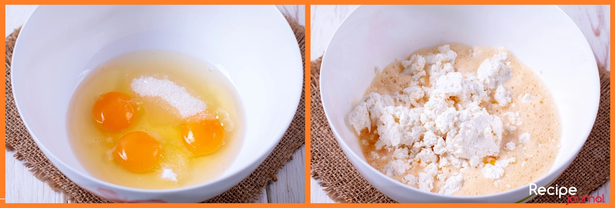 Яйца, сахар, ванилин и соль взбить миксером до пышной пены. Добавить творог и еще раз хорошо взбить до однородной массы.