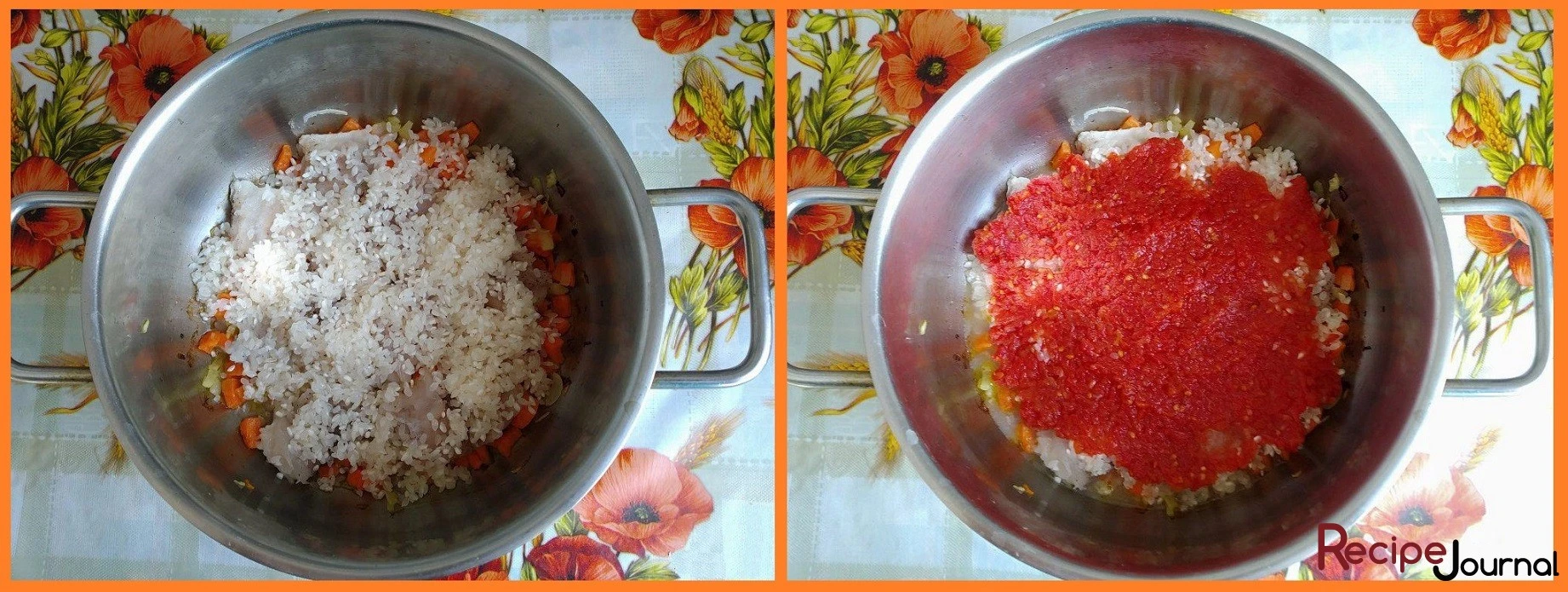 Тщательно промыть рис и выложить на рыбу. Следом добавить томатную пасту.