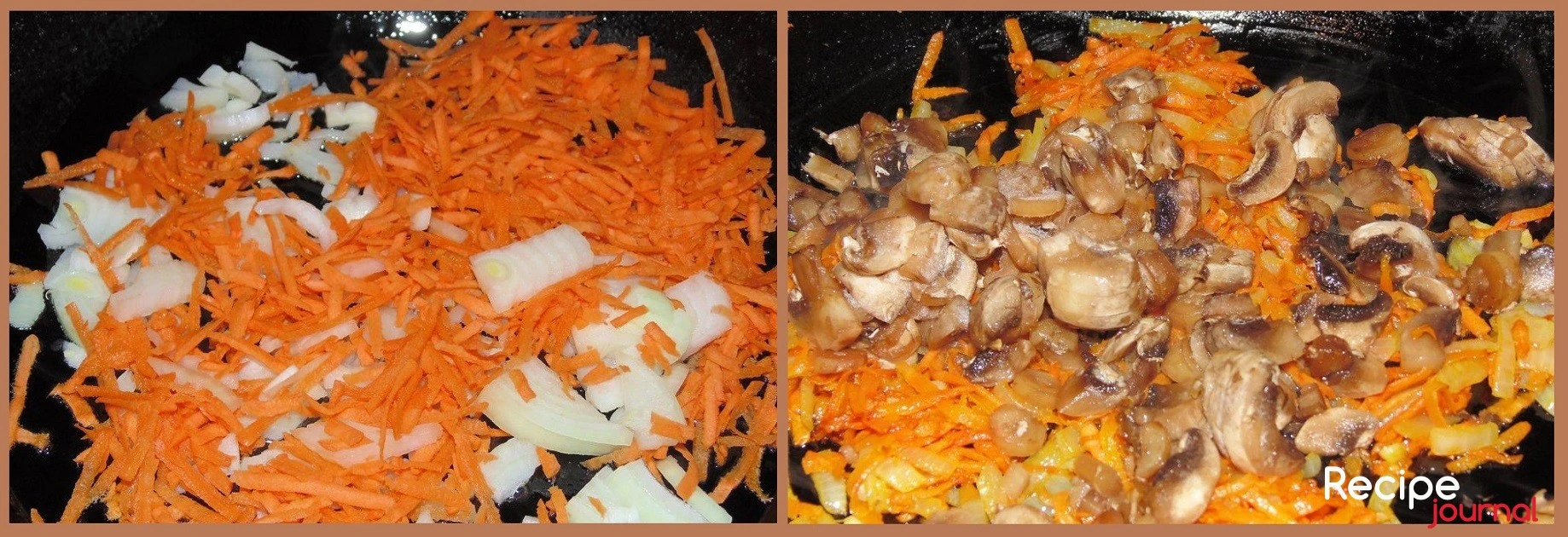 Грибы почистить от кожицы и порезать кубиком. Морковь очистить и натереть на крупной терке. Очищенный лук также мелко порезать. Все обжарить в растительном масле, последовательно добавляя лук, морковь, грибы.