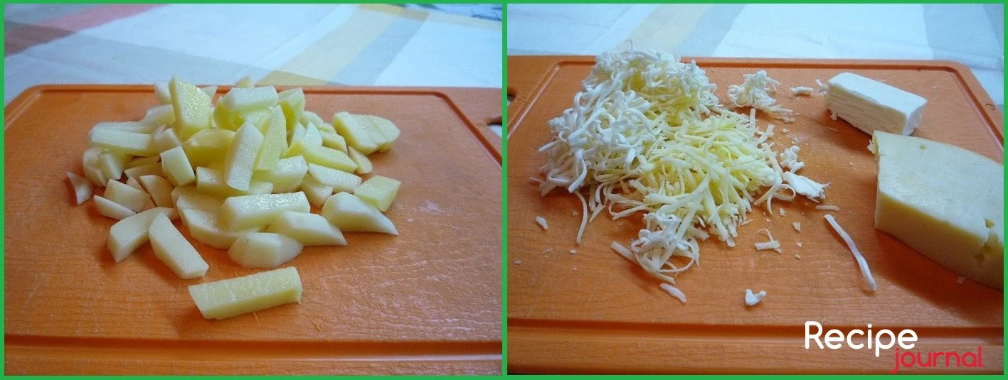 Картофель нарезаем брусочками. Для сырных клецок натираем сыр на мелкой терке.