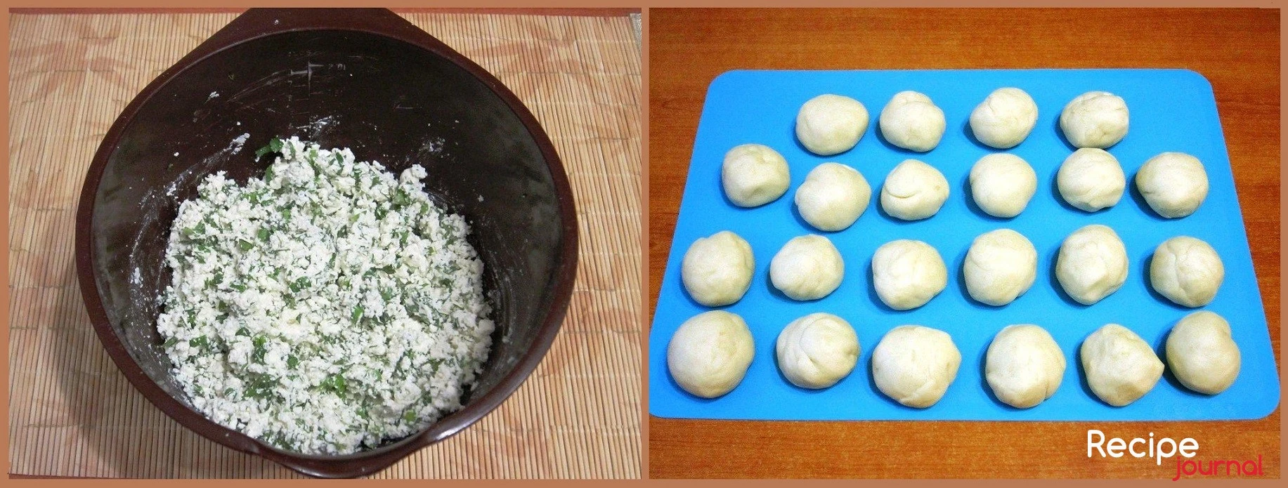 Измельчаем брынзу на терке и добавляем к зелени. Солим по вкусу. Когда тесто увеличится в размере в два раза, обминаем и делаем небольшие, размером с яйцо заготовки для пирожков.