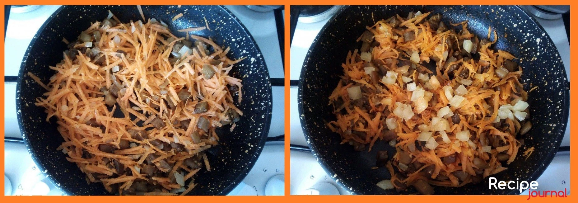 Очищенную морковь натираем на крупной терке и добавляем в сковороду, перемешиваем и пассеруем, пока режем кубиком болгарский перец. Добавляем перец в сковороду, перемешиваем и снова тушим около 5 минут.