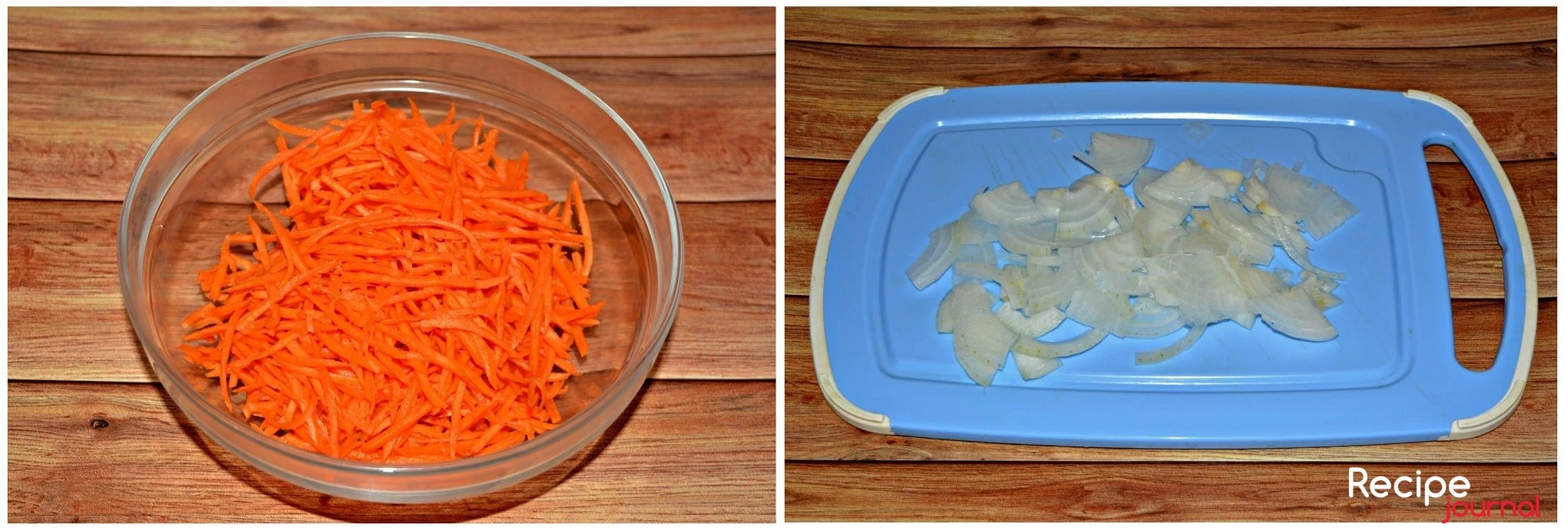 Готовим овощи. Очищенную морковь нарезаем тонкой соломкой, немного солим и хорошенько мнем, чтобы она пустила сок. Лук нарезаем полукольцами.