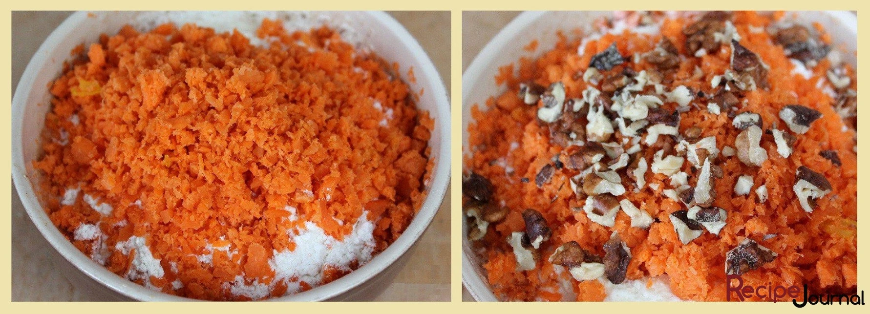 Трем на мелкой терке морковь и добавляем в тесто. Последним добавляем измельченный грецкий орех.
