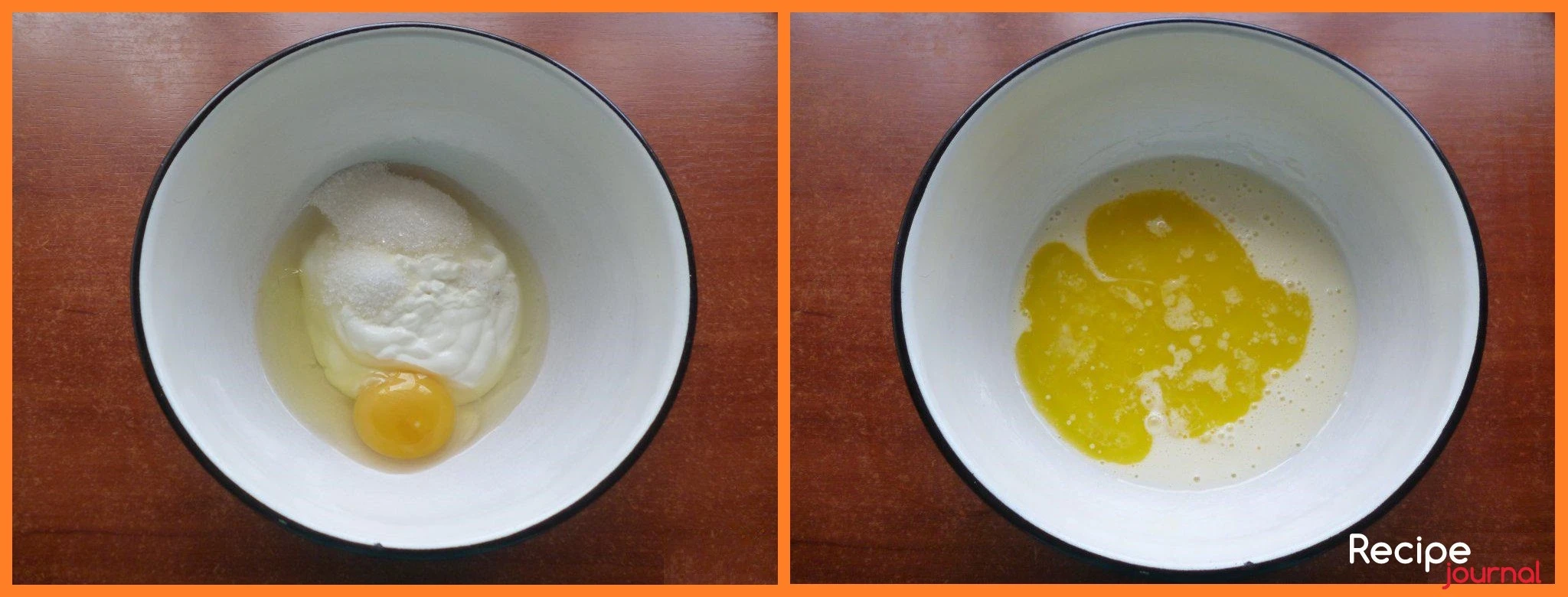 Для хрустящего теста растираем сметану и яйца с сахаром (2ч.л.) и ванильным сахаром. Затем добавляем растопленное сливочное масло.