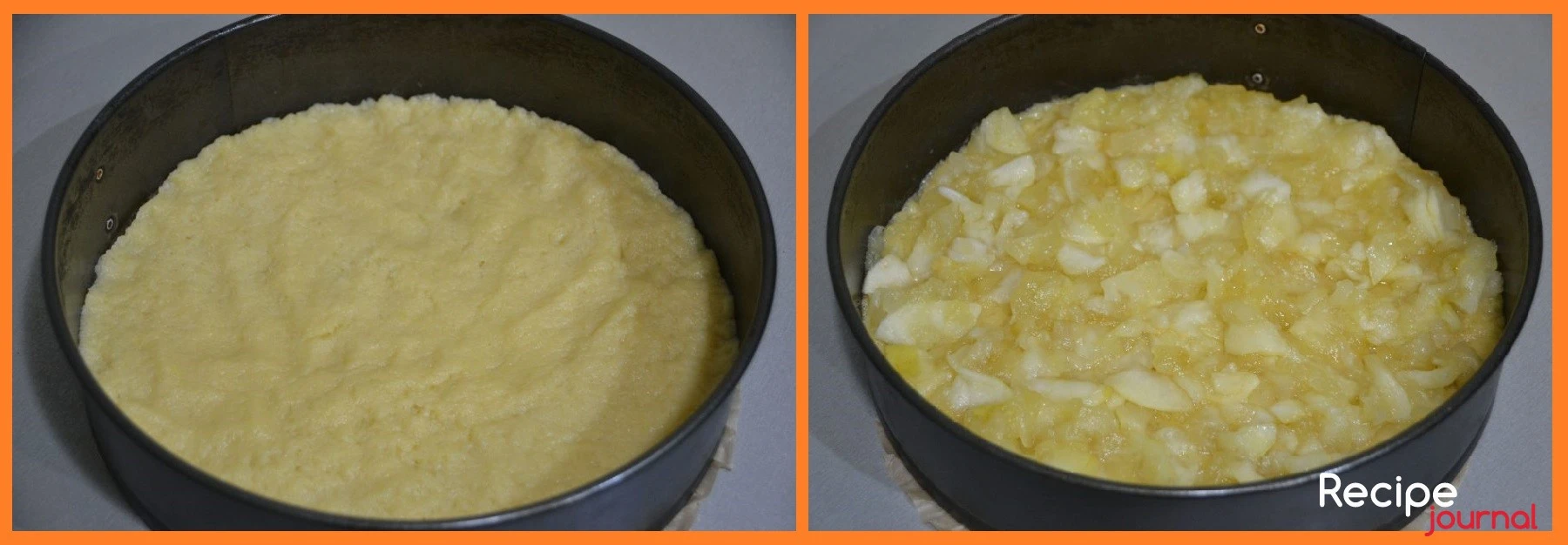 Дно разъемной формы выложим бумагой и раскатаем тесто в пласт, выложим на дно формы без бортиков. На тесто выкладываем подготовленные в сковороде яблоки.