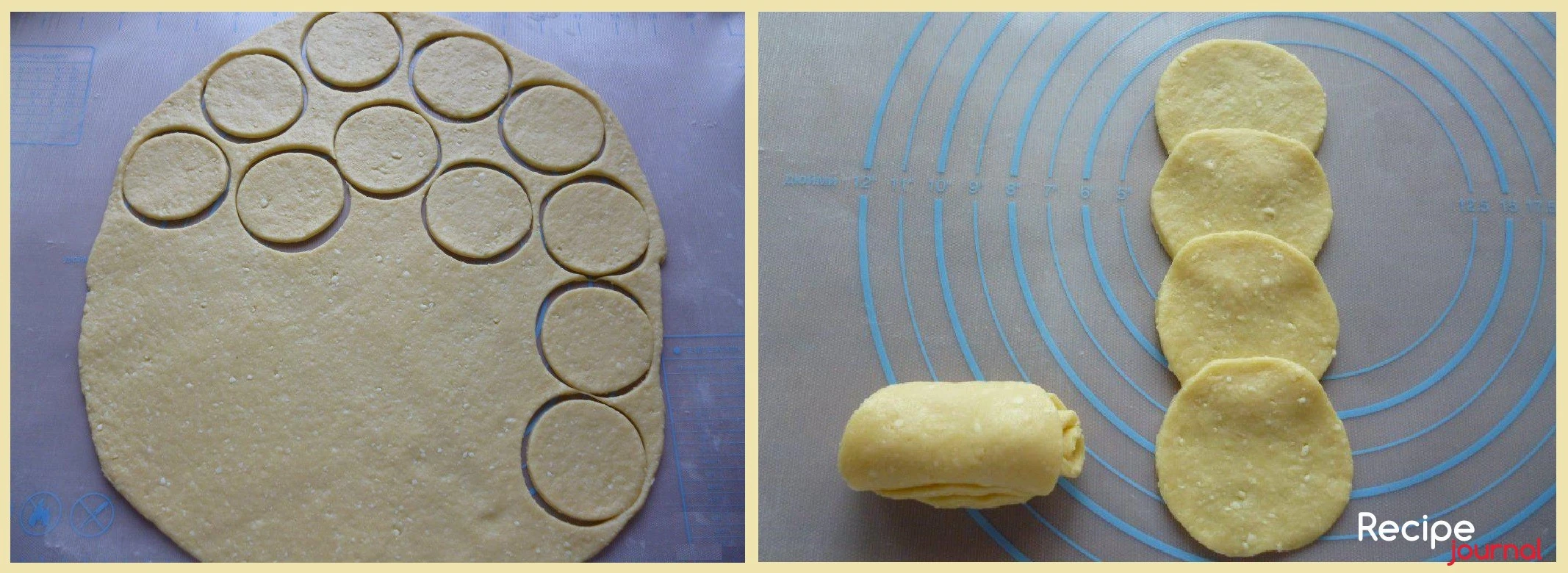 Раскатываем охлажденное тесто в пласт толщиной 2 мм и вырезаем печенья с помощью круглой формы или стакана. Теперь формируем печенья. Выкладываем по четыре кружка внахлест.