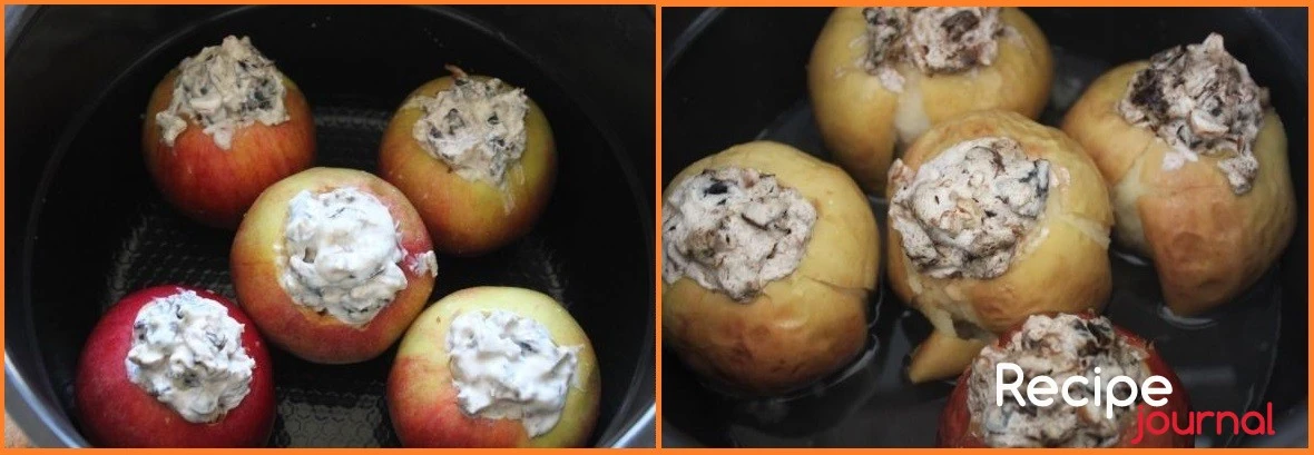 Выкладываем подготовленные фаршированные яблоки на противень и отправляем в духовку при 180<sup>о</sup> на 40 минут. Полезный десерт - Яблоки, запеченные с творогом и черносливом, готовы!