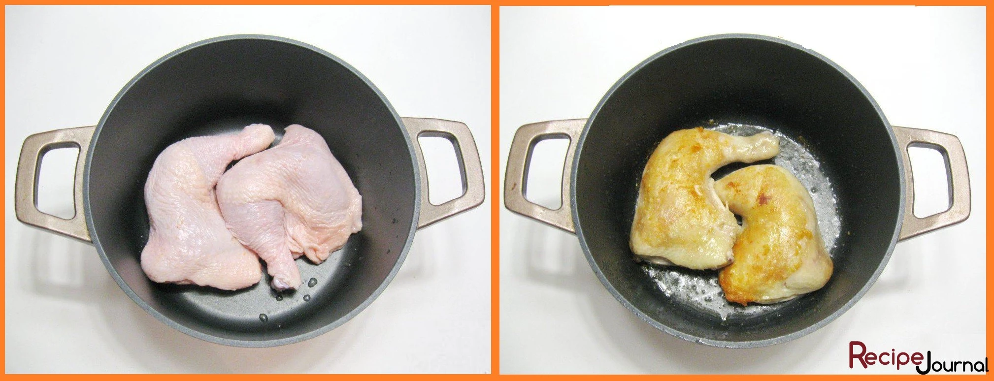 Помоем курицу, разделаем её, в этом рецепте готовим жаркое  из окорочков. Посолим и поперчим, затем обжарим   в подсолнечном масле до золотистой корочки с обеих сторон.