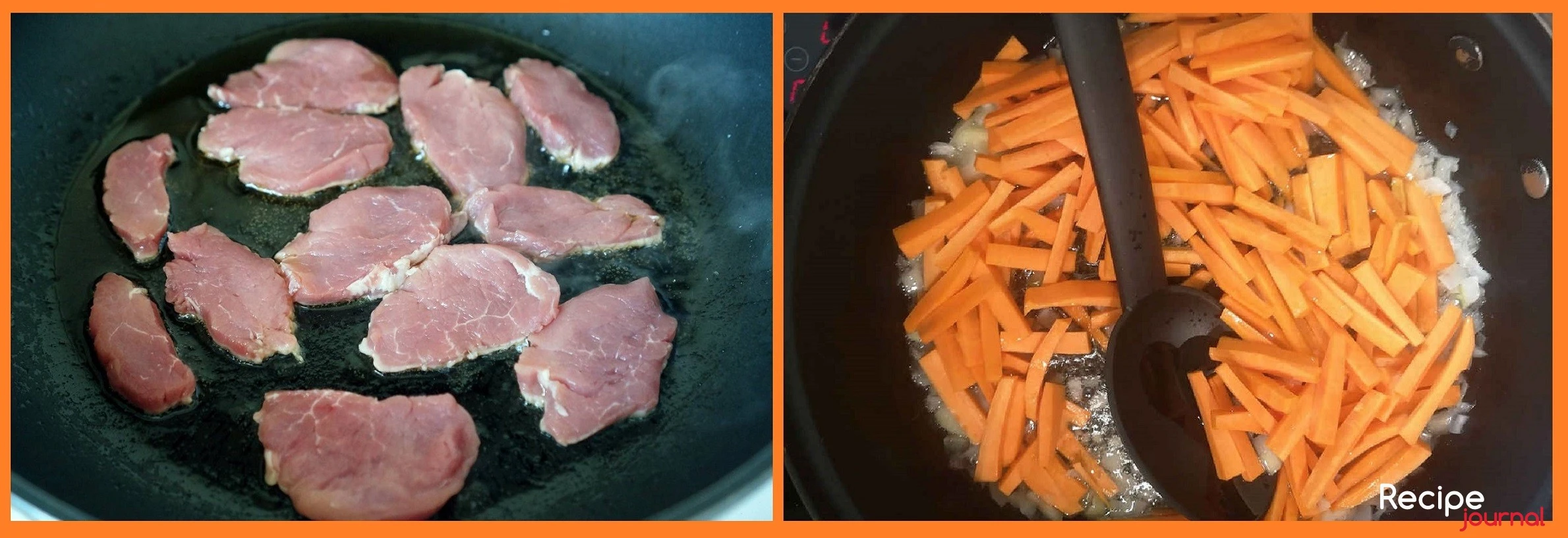 Свинину режем небольшими кусочками, отбиваем и обжариваем на сковороде в подсолнечном масле до образования корочки. Затем мелко режем лук и морковь соломкой, обжариваем до готовности в растительном масле.