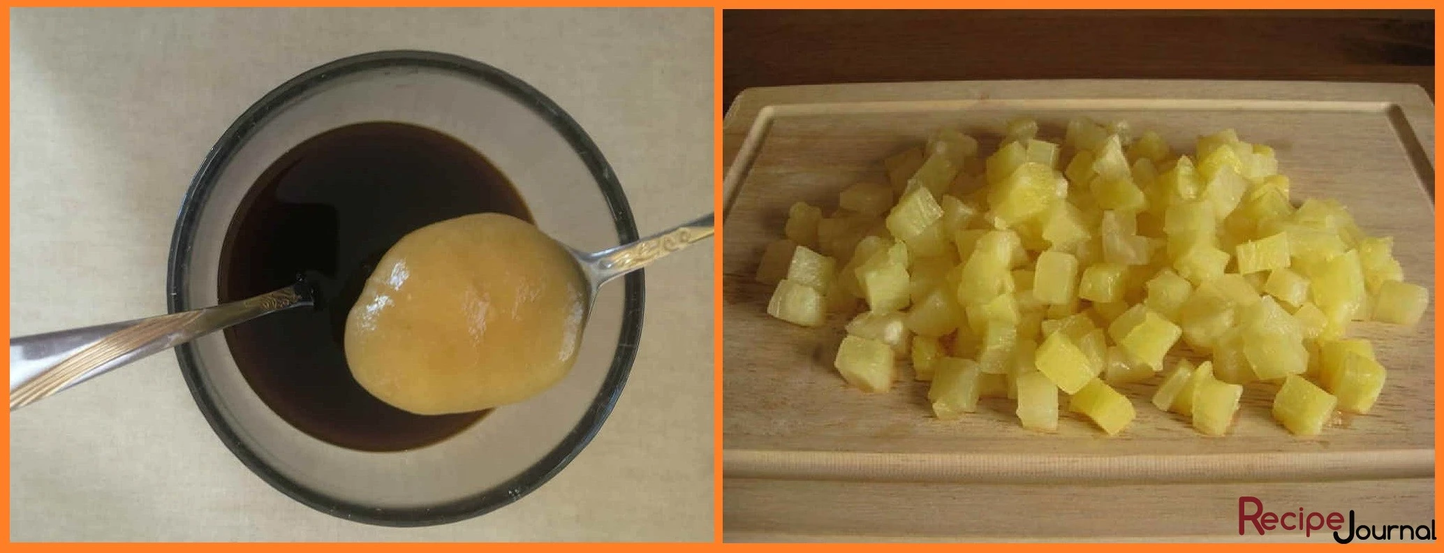 В миске смешиваем соевый соус, мед, уксус, кетчуп и сок от ананаса, перемешиваем и вливаем в овощи на сковороде. Консервированный ананас нарезаем кубиком.