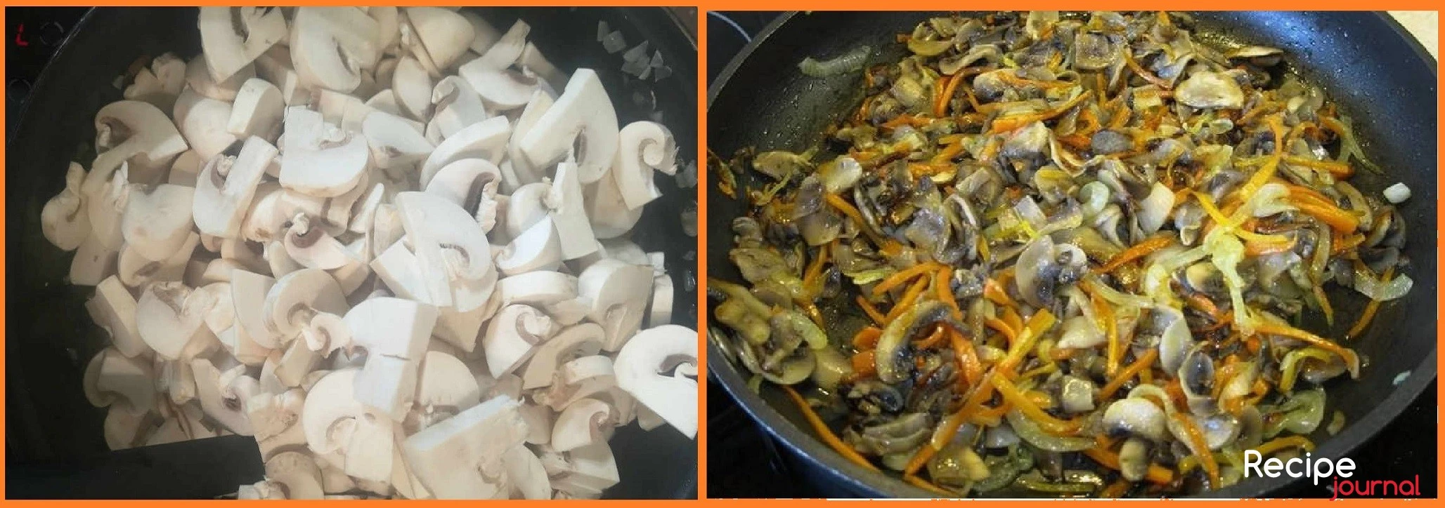 Моем шампиньоны, режем пластинами и добавляем на сковороду к овощам. Обжариваем до готовности грибов.