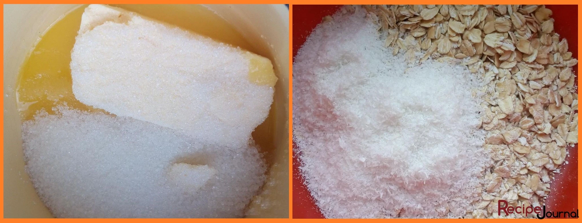 Размягченное сливочное масло растираем с сахаром и сахарной пудрой (пару ложек оставляем для посыпки). Овсяные хлопья смешиваем с кокосовой стружкой.