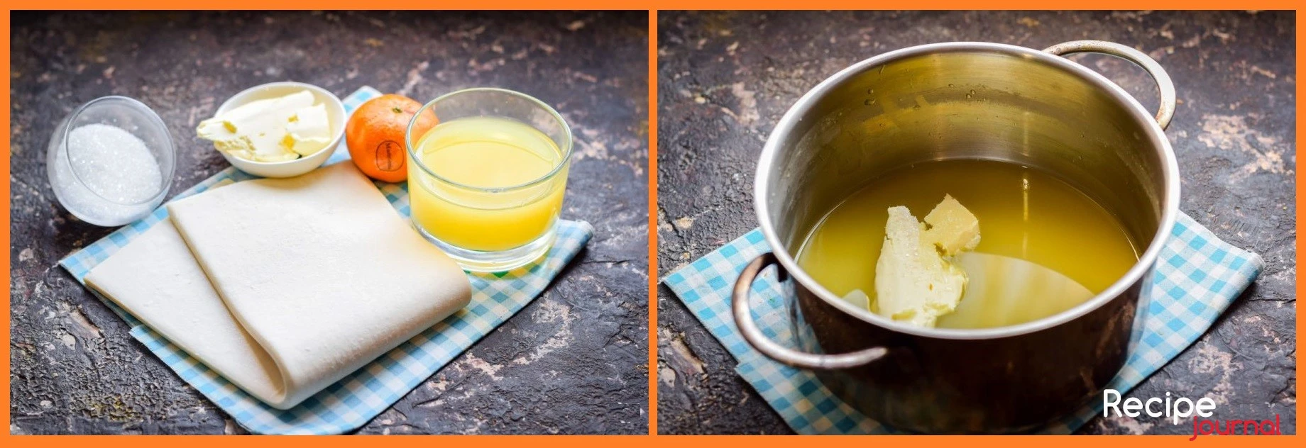 Подготовим небольшое количество ингредиентов для нашего пирога с мандаринами. Мандарины выбираем сладкие, без косточек. Очищаем от кожицы и белых волокон, разбираем на дольки. Включаем духовку на разогрев до 200<sup>о</sup>. Готовим соус. В кастрюлю вливаем апельсиновый сок, добавляем сахар и масло, варим примерно 10 минут.