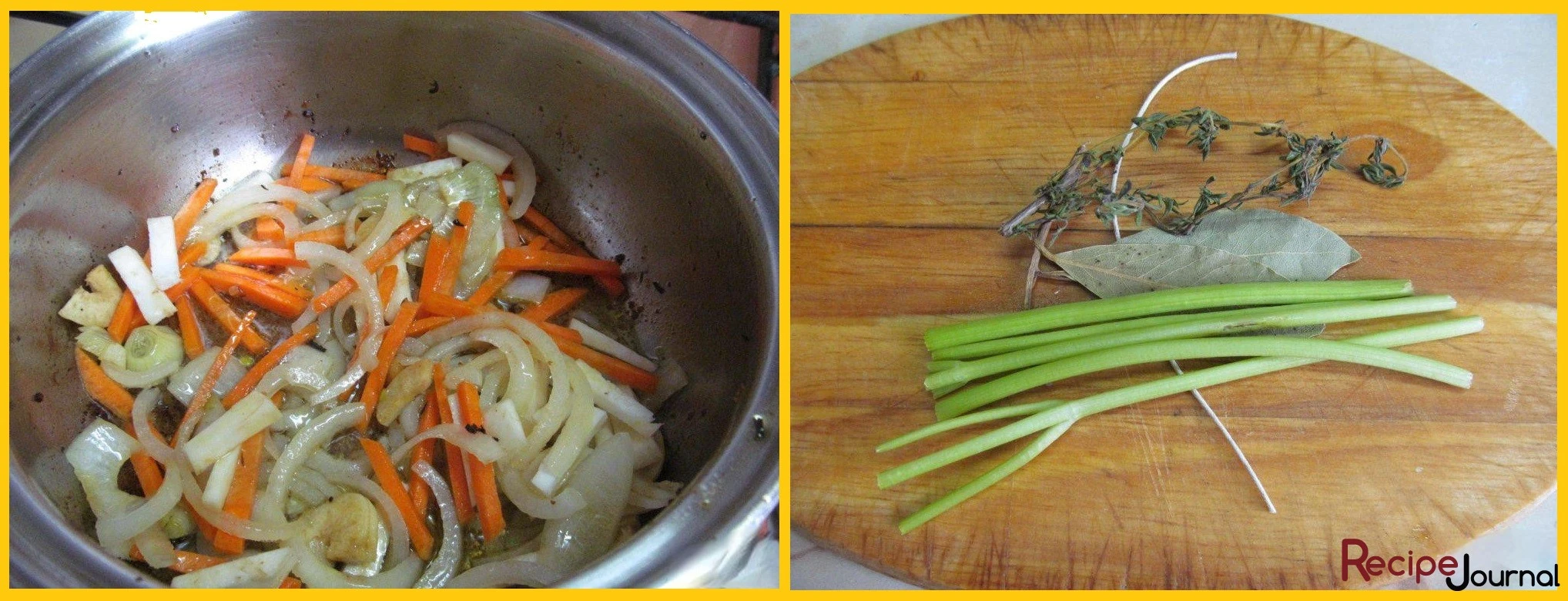 Соломкой режем очищенные морковь и корень сельдерея. Добавляем к мясу и, перемешав, обжариваем минуты 3. Берем несколько стебельков петрушки, пару веточек тимьяна и лавровый лист.