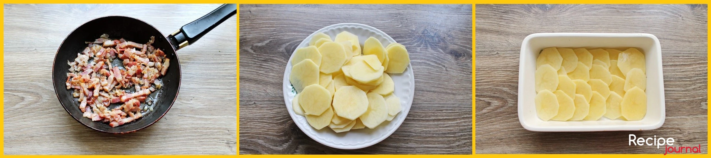 Обжариваем до прозрачности лука, минут 5. Очищенный картофель нарезаем тонкими слайсами. Количество ингредиентов рассчитано на форму для запекания 19*16 см. Картофель солим и выкладываем третью часть на дно формы, внахлест.