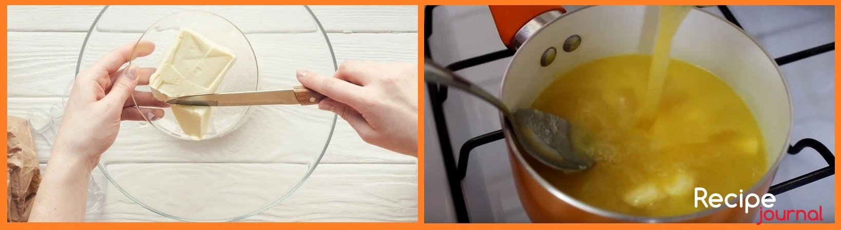 Готовим апельсиновый соус. В миске смешиваем сок, сахар и масло, подогреваем на водяной бане или в микроволновке.