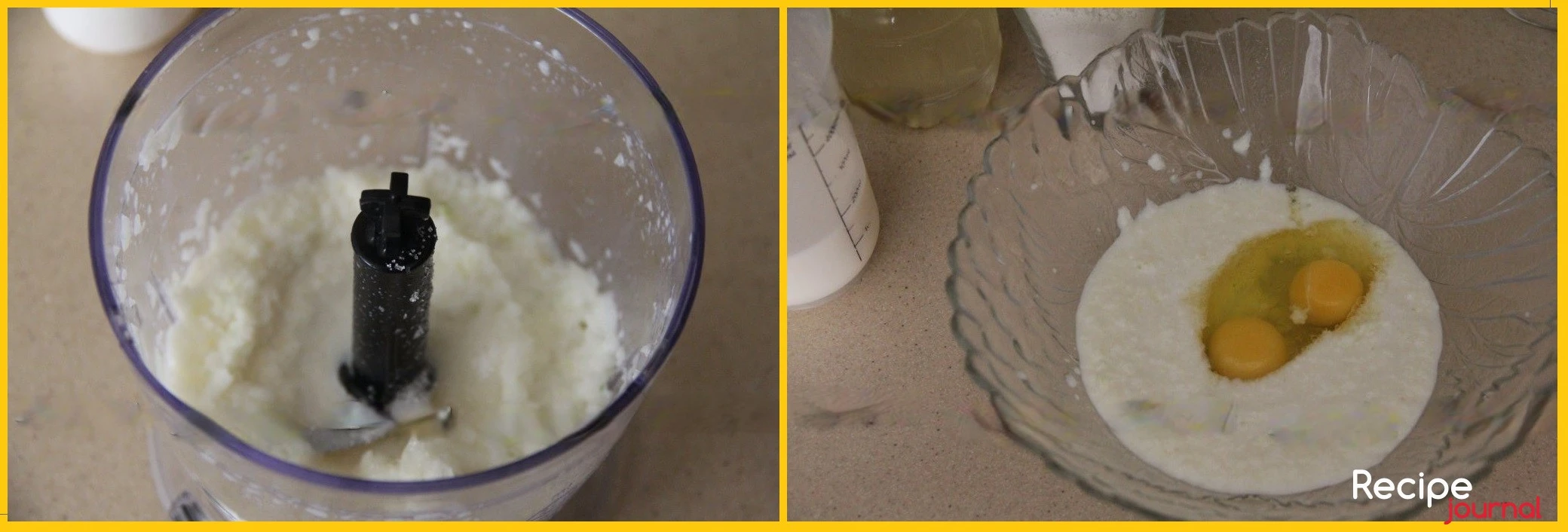 Добавляем половину молока и измельчим до состояния пюре. Затем переливаем пюре в миску и добавляем яйца, перемешиваем.