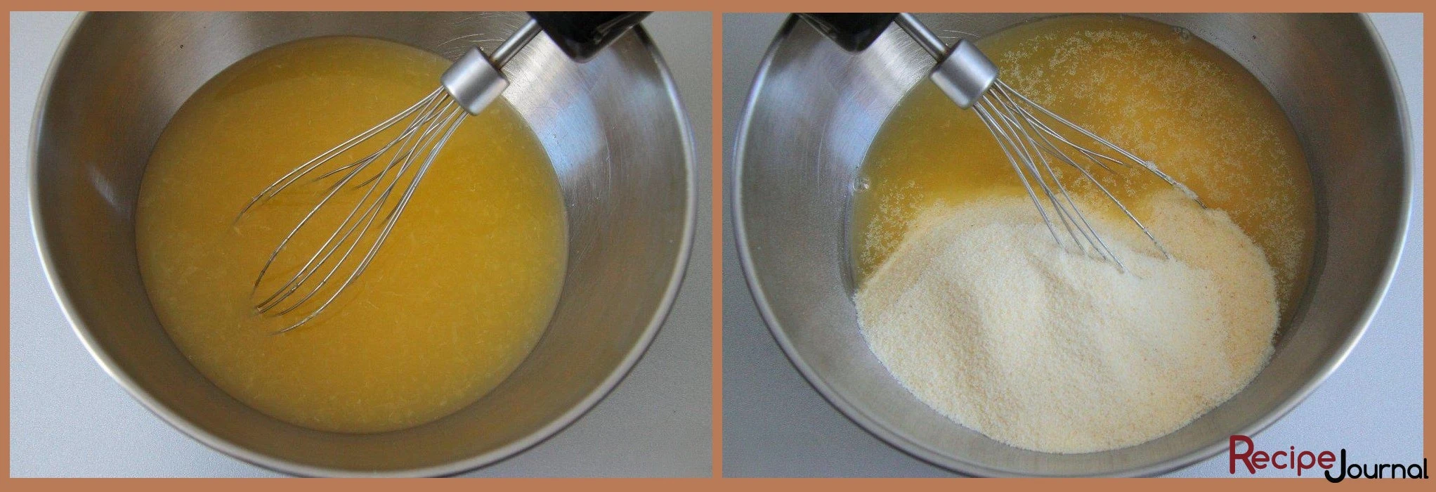 Смешиваем апельсиновый сок и сахар, добавляем манную крупу и хорошо перемешиваем.