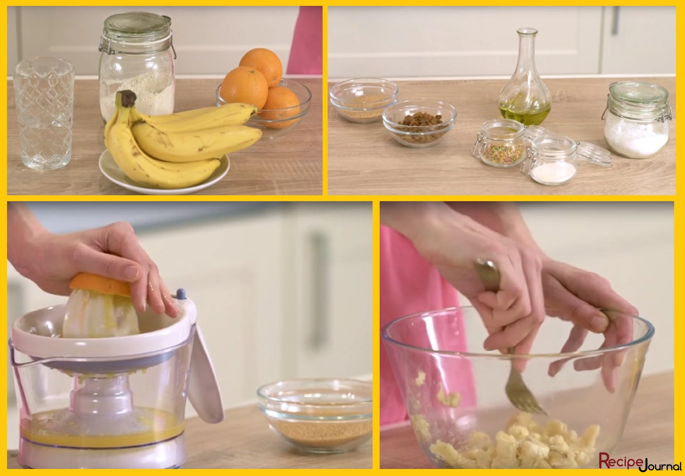Соберем необходимые ингредиенты, чтобы не отвлекаться во время готовки. Отожмем нужное количество сока. Очистим банан и разомнем его вилкой.