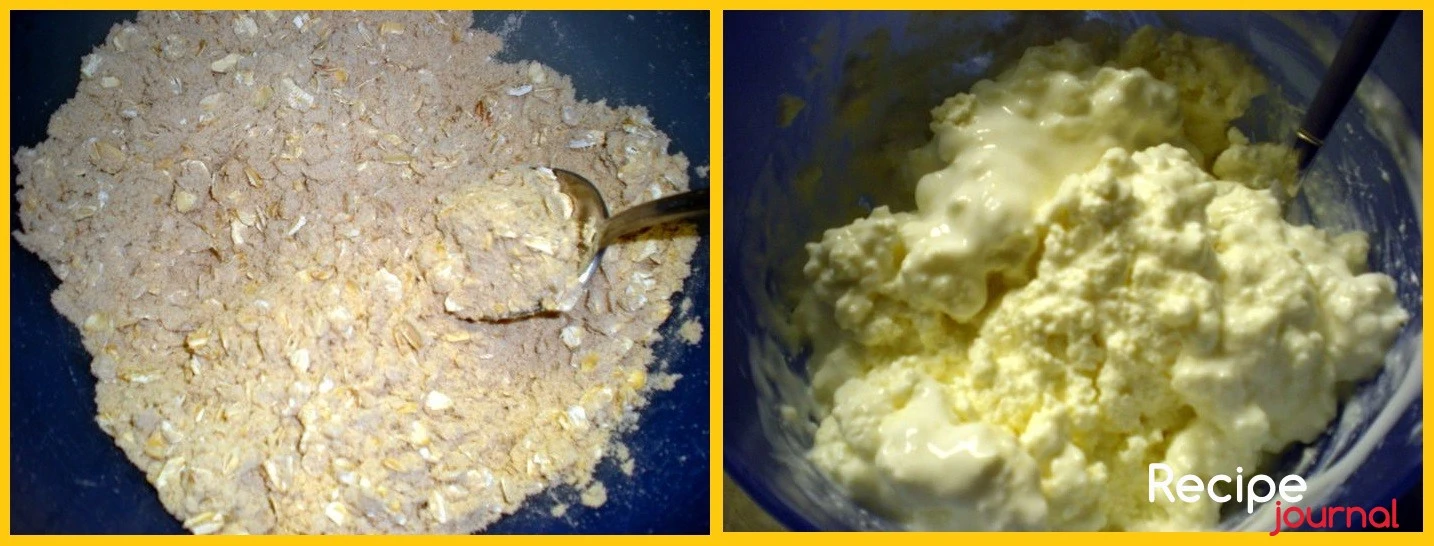 Собираем необходимое для приготовления полезного печенья. Смешиваем сухие ингредиенты для печенья, яйцо и кефир взбиваем вилкой, вливаем в сухие ингредиенты, добавляем мед по вкусу, корицу и ваниль. Из полученного теста делаем тонкую лепешку или несколько  лепешек и выпекаем до подрумянивания при 180<sup>о</sup> 15 минут. Пока корж выпекается, смешиваем творог, кефир и мед.