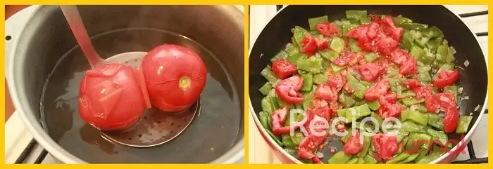Пока фасоль и лук доходят до нужной кондиции, подготовить помидоры, можно ошпарить их и затем обдать холодной водой, убрать кожицу и измельчить, а можно помидоры разрезать пополам и протереть на крупной тёрке, выбросив шкурку. Добавить нарезанные помидоры на сковороду и тушить, пока весь сок не выпарится.
