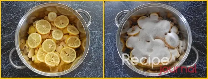 Сложим груши в кастрюлю подходящего размера, на груши выложим подготовленный лимон и засыпаем все сахаром. Кастрюлю слегка встряхнем, чтобы сахар распределился по фруктам.