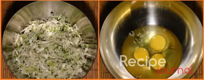 Смешать капусту, зелень, соль и специи. Для теста в отдельную миску вбить яйца.