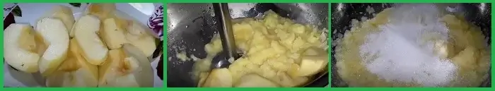 Очищаем яблоки от кожицы и серединок. Измельчаем блендером и добавляем сахар. Если будете готовить с мёдом, его надо будет добавить после того, как пюре из яблок закипит, затем остынет до 40<sup>о</sup>(примерно).