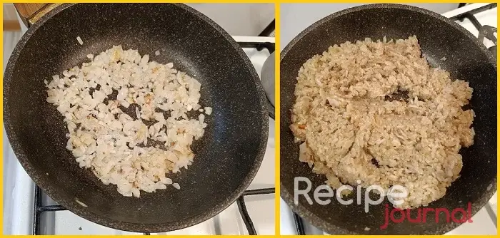 Разогреваем на сковороде 1 ст.л. растительного масла и обжариваем лук до золотистого цвета, затем добавляем чеснок, обжариваем еще пару минут. Убираем лук с чесноком со сковороды и выкладываем в неё отваренный рис. Обжариваем рис помешивая, примерно 3-4 минуты. Выкладываем обжаренный рис к луку с чесноком, добавляем 3 ст.л. соевого соуса, перемешиваем и отставляем.
