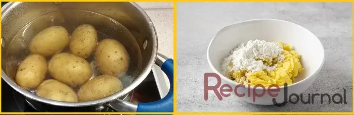 Отвариваем картофель в кожуре, даем остыть и очищаем. Эту процедуру можно сделать заранее. Очищенный отварной картофель толчем, добавляем крахмал, хорошо перемешиваем.